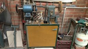 DIY - Grinding Centre. The old grinding cabinet made in 1998 - the disc linisher made in 1984 - the Webster grinder ~ 55 years old