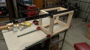 DIY - Metal-Drawer Stand. The frame being doweled, glued and clamped together.